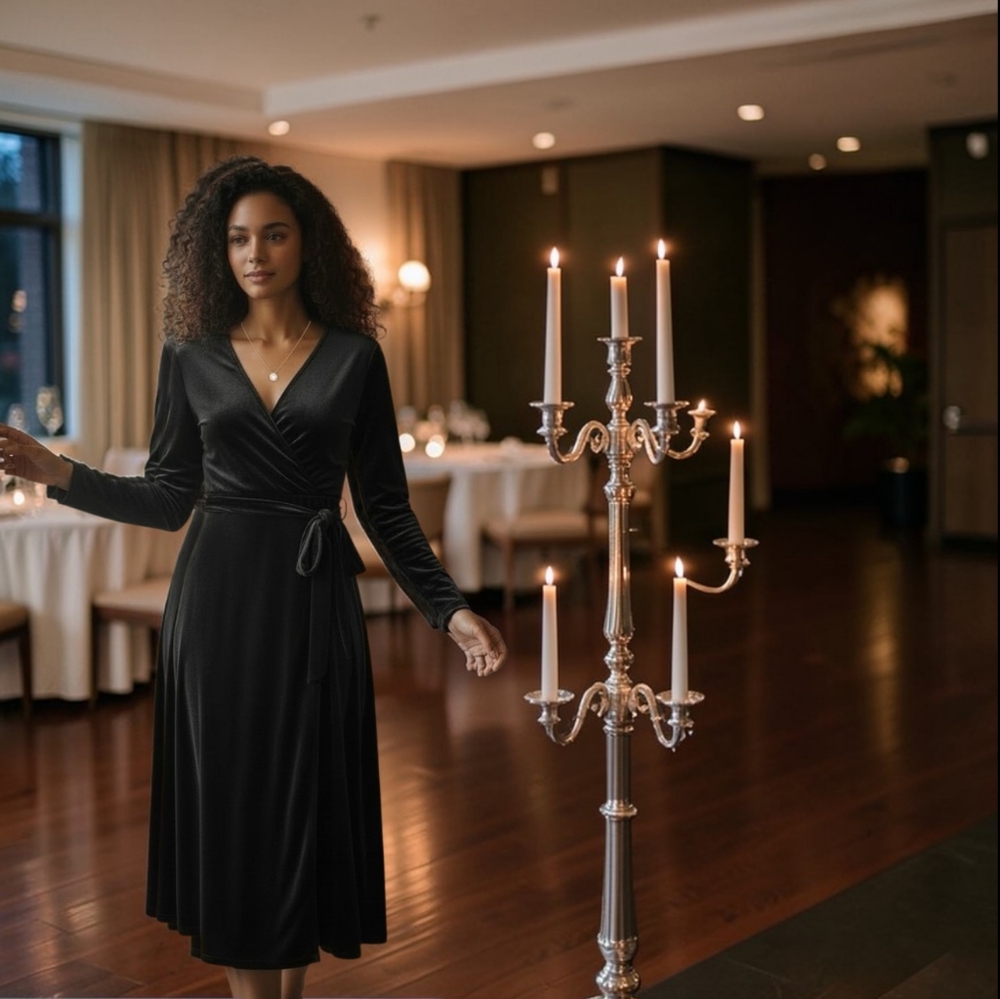 Chaus Elegant Black Velvet Long Sleeve Dress
